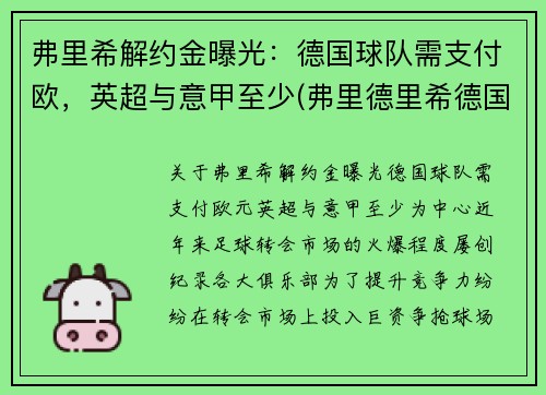 弗里希解约金曝光：德国球队需支付欧，英超与意甲至少(弗里德里希德国足球)